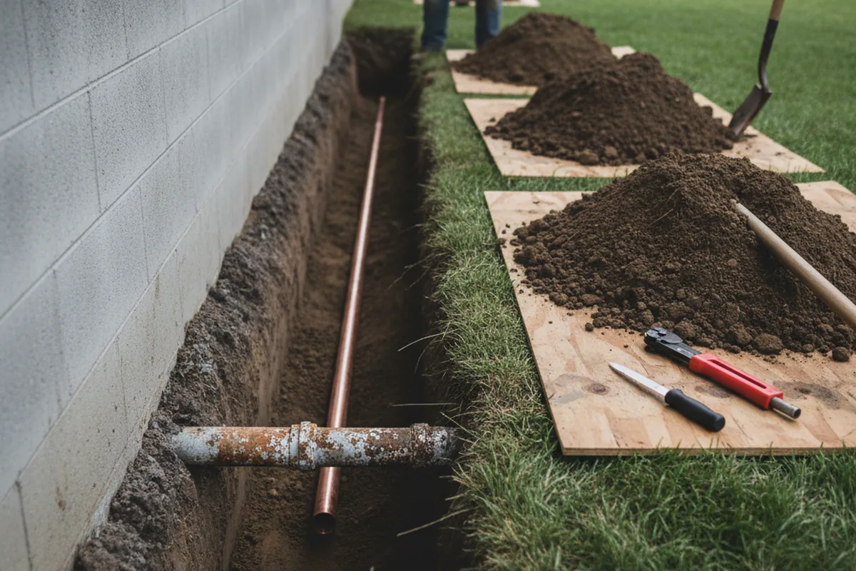 Excavated water line trench during Water Heater Repair in New London